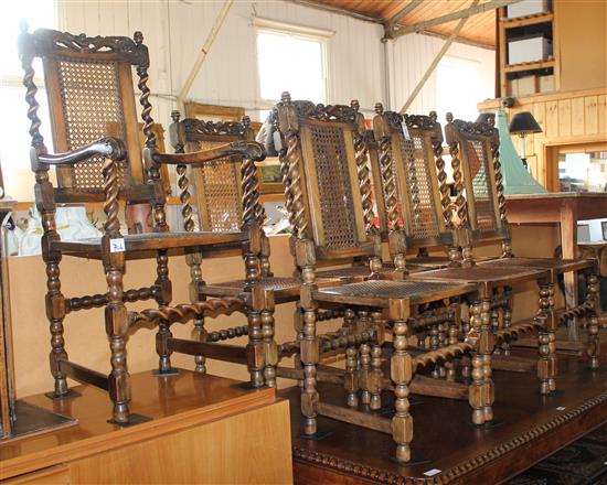 A set of seven Jacobean revival caned beech dining chairs,